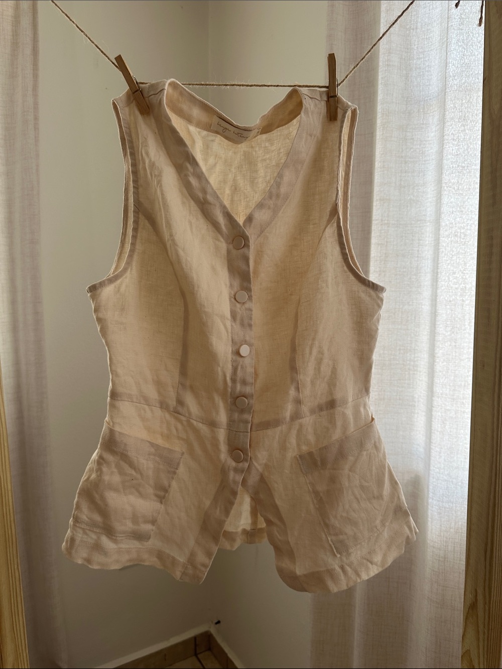 Linen Button-Front Sleeveless Top in Beige by